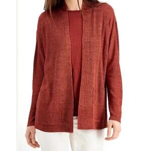 Eileen Fisher Womens Large Organic Linen Open Front Rust Cardigan Sweater